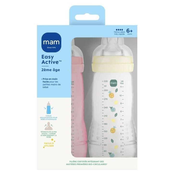 Lot de 2 Biberons - MAM BABY - Easy Active - +6 mois - 330 ml - Tétine débit X - Berry + Pearl Lot de 2 Biberons - MAM BABY - Easy Active - +6 mois - 330 ml - Tétine débit X - Berry + Pearl
