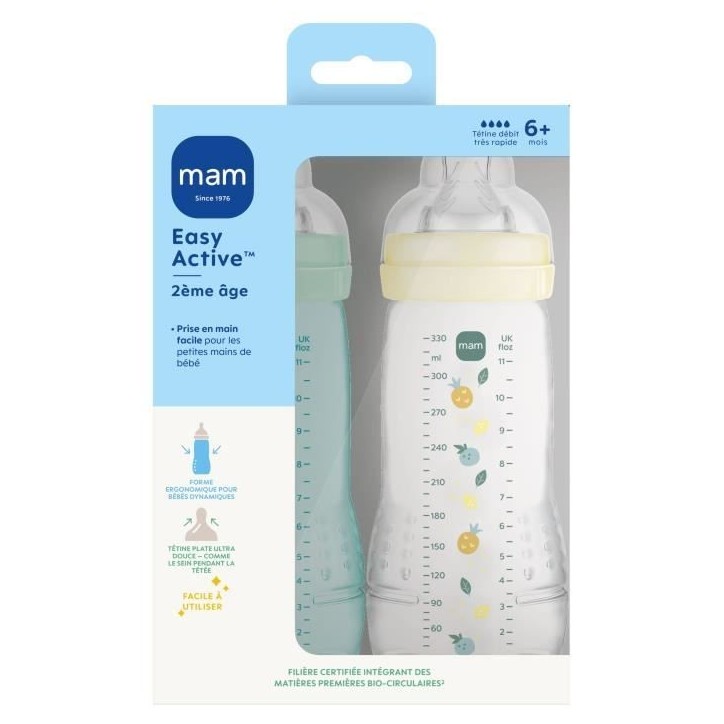 Lot de 2 Biberons - MAM BABY - Easy Active - +6 mois - 330 ml - Tétine débit X - Ice + Pearl Lot de 2 Biberons - MAM BABY - Easy Active - +6 mois - 330 ml - Tétine débit X - Ice + Pearl