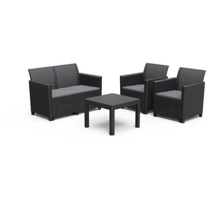 Salon de jardin en résine imitation rotin tressé - Noir - Avec table basse - KETER - 4 personnes - MARIE Salon de jardin en résine imitation rotin tressé - Noir - Avec table basse - KETER - 4 personnes - MARIE