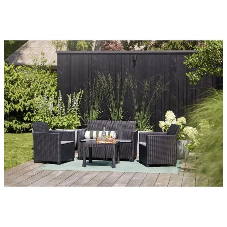 Salon de jardin en résine imitation rotin tressé - Noir - Avec table basse - KETER - 4 personnes - MARIE Salon de jardin en résine imitation rotin tressé - Noir - Avec table basse - KETER - 4 personnes - MARIE