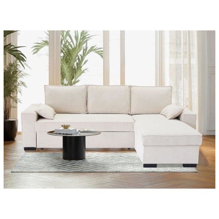 Canapé d'angle convertible réversible MARLON beige - Méridienne avec coffre - Velours côtelé L 240 x P 143 x H 85cm Canapé d'angle convertible réversible MARLON beige - Méridienne avec coffre - Velours côtelé L 240 x P 143 x H 85cm
