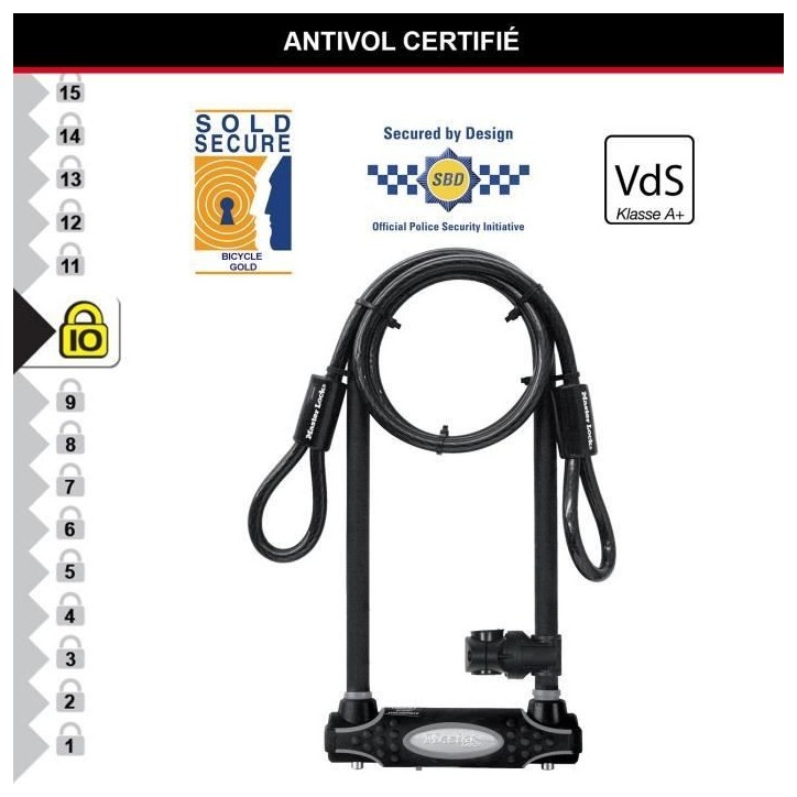 Antivol U avec Câble - MASTER LOCK - Modele XL - Sold Secure Gold, Police Approved Antivol U avec Câble - MASTER LOCK - Modele XL - Sold Secure Gold, Police Approved