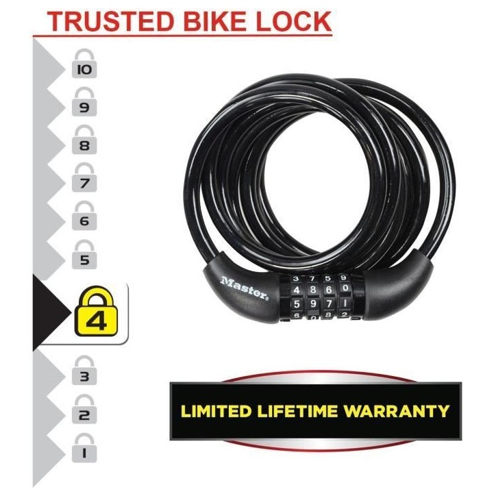 Antivol Vélo - MASTER LOCK - 8221EURDPRO - Câble torsadé 1,8m - Combinaison programmable Antivol Vélo - MASTER LOCK - 8221EURDPRO - Câble torsadé 1,8m - Combinaison programmable