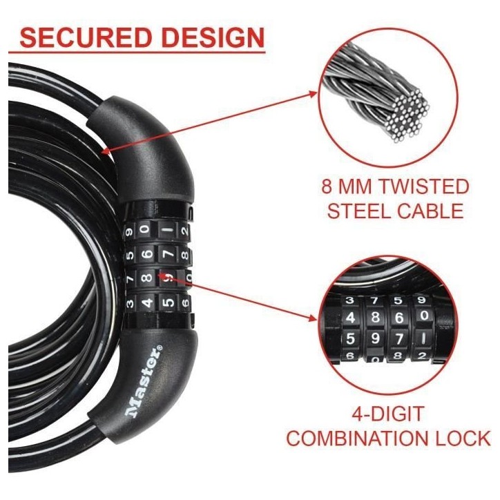 Antivol Vélo - MASTER LOCK - 8221EURDPRO - Câble torsadé 1,8m - Combinaison programmable Antivol Vélo - MASTER LOCK - 8221EURDPRO - Câble torsadé 1,8m - Combinaison programmable