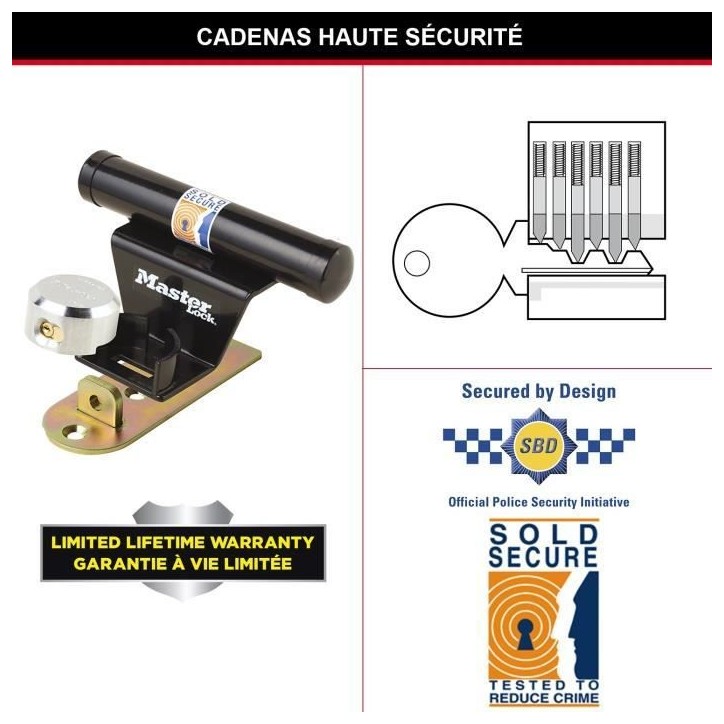 Antivol pour porte de garage basculante - MASTER LOCK - Barre de sécurité en acier - Cylindre a 6 goupilles Antivol pour porte de garage basculante - MASTER LOCK - Barre de sécurité en acier - Cylindre a 6 goupilles