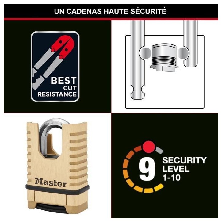 Cadenas en Laiton Massif Haute Sécurité - MASTER LOCK - M1177EURDCC - Anse Protégée - a Combinaison - Ultra Résistant et Cadenas en Laiton Massif Haute Sécurité - MASTER LOCK - M1177EURDCC - Anse Protégée - a Combinaison - Ultra Résistant et