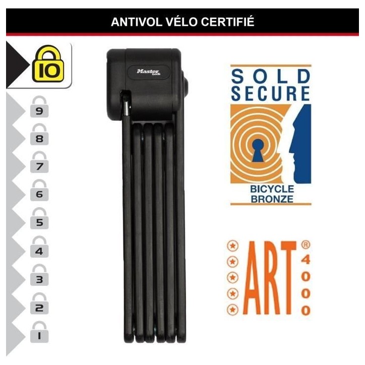 Antivol Vélo Pliable - MASTER LOCK - 8333EURDPRO - Acier Trempé, 3 Clés, Certifié, Support Inclus Antivol Vélo Pliable - MASTER LOCK - 8333EURDPRO - Acier Trempé, 3 Clés, Certifié, Support Inclus