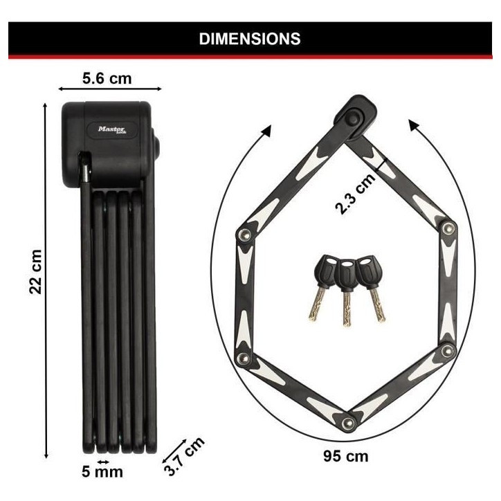 Antivol Vélo Pliable - MASTER LOCK - 8333EURDPRO - Acier Trempé, 3 Clés, Certifié, Support Inclus Antivol Vélo Pliable - MASTER LOCK - 8333EURDPRO - Acier Trempé, 3 Clés, Certifié, Support Inclus