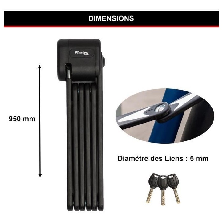 Antivol Vélo Pliable - MASTER LOCK - 8333EURDPRO - Acier Trempé, 3 Clés, Certifié, Support Inclus Antivol Vélo Pliable - MASTER LOCK - 8333EURDPRO - Acier Trempé, 3 Clés, Certifié, Support Inclus