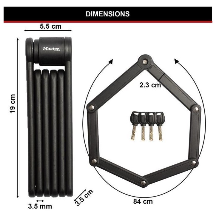 Antivol Vélo Pliable - MASTER LOCK - 8335EURDPRO - Acier Trempé, 4 Clés, Support Inclus Antivol Vélo Pliable - MASTER LOCK - 8335EURDPRO - Acier Trempé, 4 Clés, Support Inclus