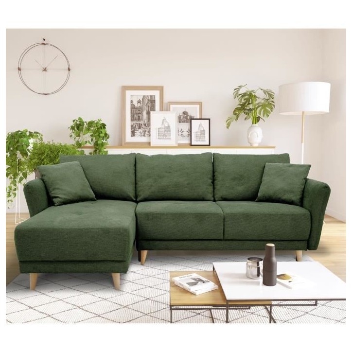 Canapé d'angle convertible réversible 3-4 places CLAUDIUS - Tissu Vert Olive - Coffre de rangement - L 244 x P 158 x H 95 cm