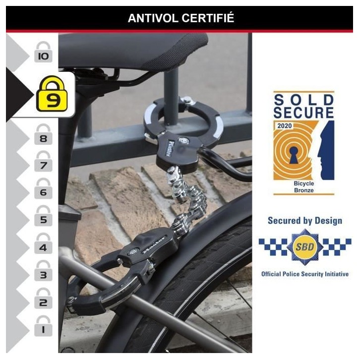 Antivol Masterlock Menottes Antivol Street Cuff en acier chromé Antivol Masterlock Menottes Antivol Street Cuff en acier chromé