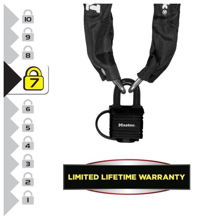 Chaîne antivol MASTER LOCK - 8390EURDPRO - 90cm x Ø 6mm - Cadenas 40mm - Gaine nylon - Noir Chaîne antivol MASTER LOCK - 8390EURDPRO - 90cm x Ø 6mm - Cadenas 40mm - Gaine nylon - Noir
