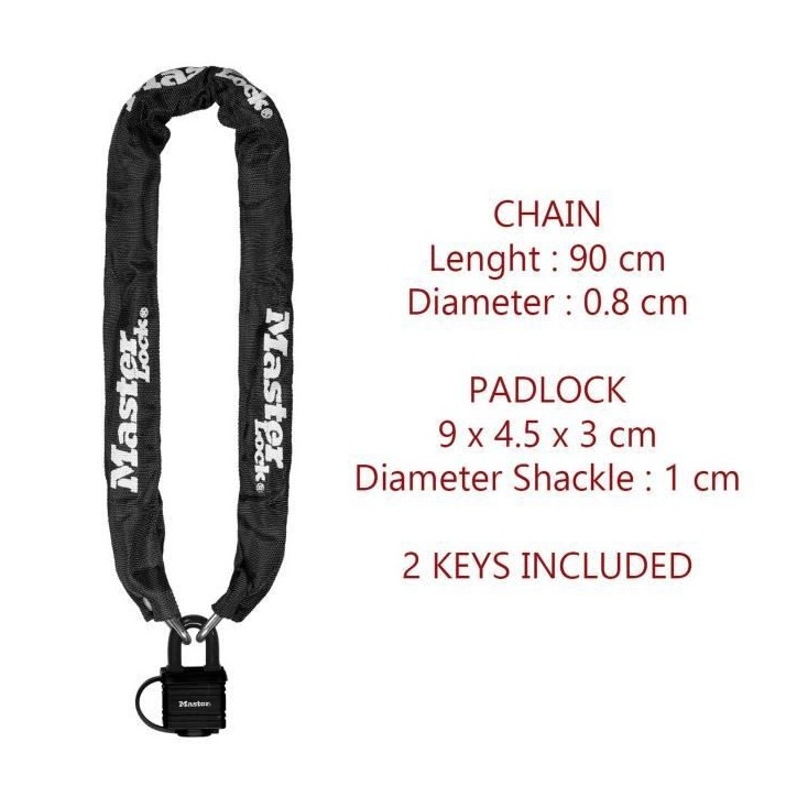 Chaîne antivol MASTER LOCK - 8390EURDPRO - 90cm x Ø 6mm - Cadenas 40mm - Gaine nylon - Noir Chaîne antivol MASTER LOCK - 8390EURDPRO - 90cm x Ø 6mm - Cadenas 40mm - Gaine nylon - Noir