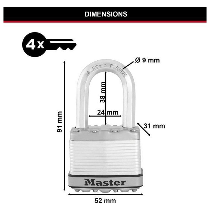 Cadenas Haute Sécurité - MASTER LOCK - M115EURTRILF - A Clé - Acier Laminé Recouvert - Extérieur - Anti-rouille - Anse M - Cadenas Haute Sécurité - MASTER LOCK - M115EURTRILF - A Clé - Acier Laminé Recouvert - Extérieur - Anti-rouille - Anse M -