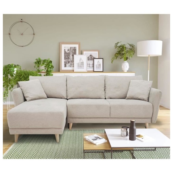 Canapé d'angle convertible réversible 3-4 places CLAUDIUS - Tissu Beige - Coffre de rangement - L 244 x P 158 x H 95 cm Canapé d'angle convertible réversible 3-4 places CLAUDIUS - Tissu Beige - Coffre de rangement - L 244 x P 158 x H 95 cm