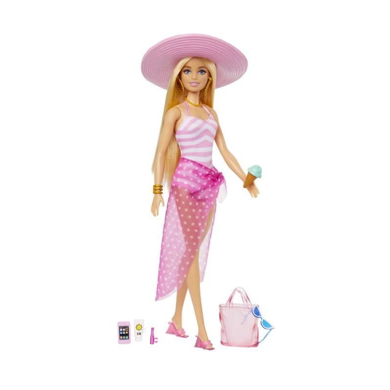 Barbie-Barbie Plage-Poupée blonde en maillot de bain et accessoires H Barbie-Barbie Plage-Poupée blonde en maillot de bain et accessoires H
