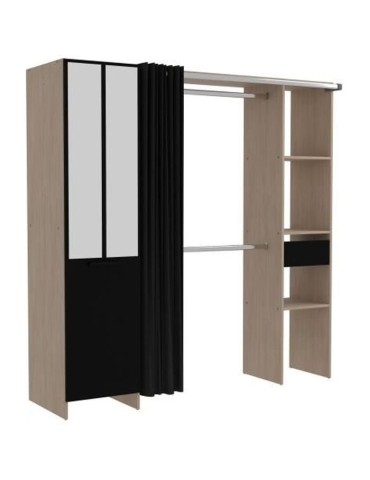 Dressing ARTIC avec rideau - EKIPA - Décor Chene et noir - 1 colonne + 1 armoire + 2 penderies + 2 tiroirs