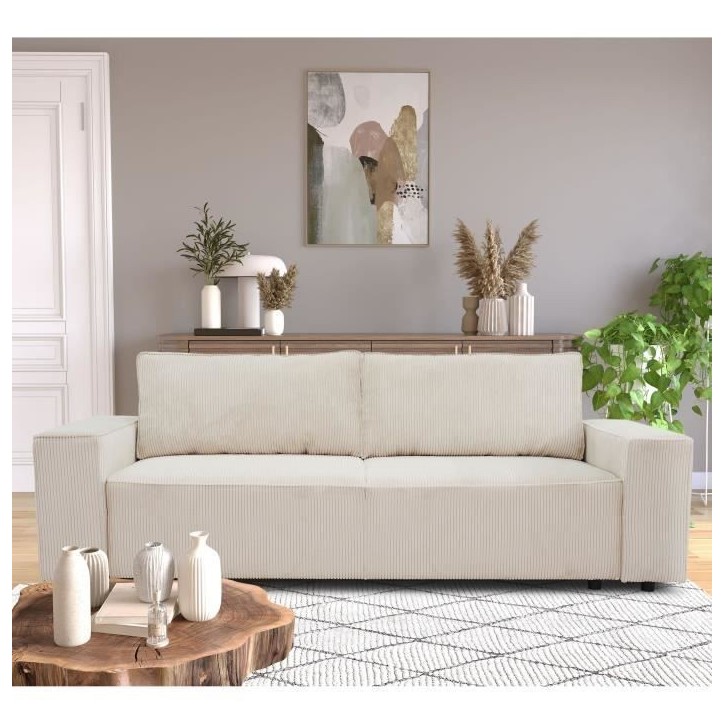 Canapé droit convertible 3 places JOSH - velours côtelé beige - Coffre de rangement - L239xP86xH85cm Canapé droit convertible 3 places JOSH - velours côtelé beige - Coffre de rangement - L239xP86xH85cm