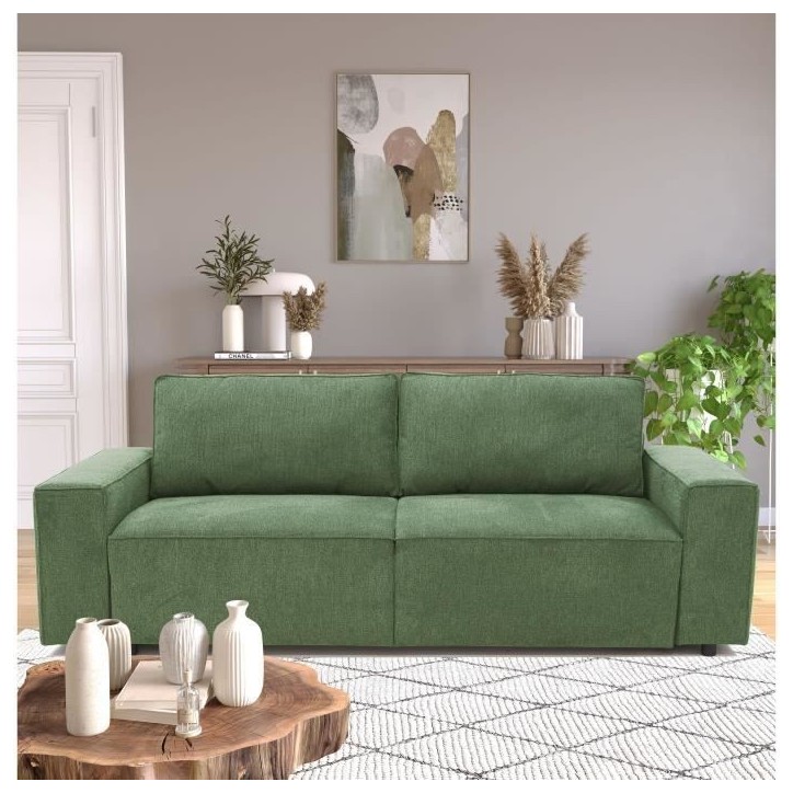 Canapé convertible 3 places JOSH - Tissu Loft Olive - Coffre de rangement - L 239 x P 117 x H 65 cm