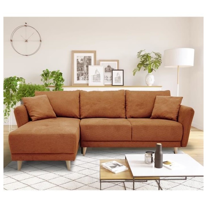 Canapé d'angle convertible réversible 3-4 places CLAUDIUS - Tissu Terracotta - Coffre de rangement - L 244 x P 158 x H 95 cm