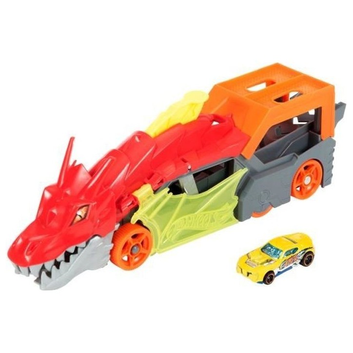 Hot Wheels City - Transporteur Dragon Lanceur 2-en-1 - Camion / Petite voiture - Des 3 ans GTK42