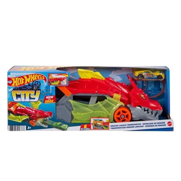 Hot Wheels City - Transporteur Dragon Lanceur 2-en-1 - Camion / Petite voiture - Des 3 ans GTK42