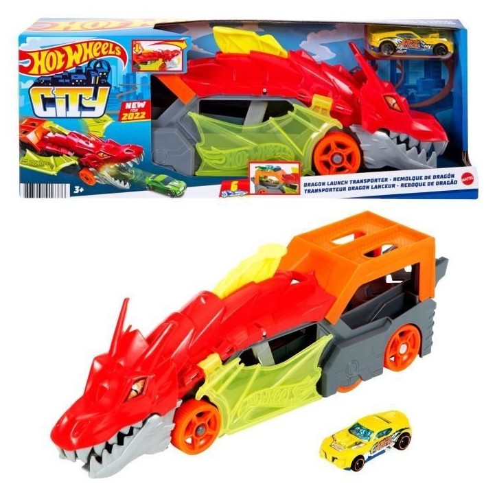 Hot Wheels City - Transporteur Dragon Lanceur 2-en-1 - Camion / Petite voiture - Des 3 ans GTK42