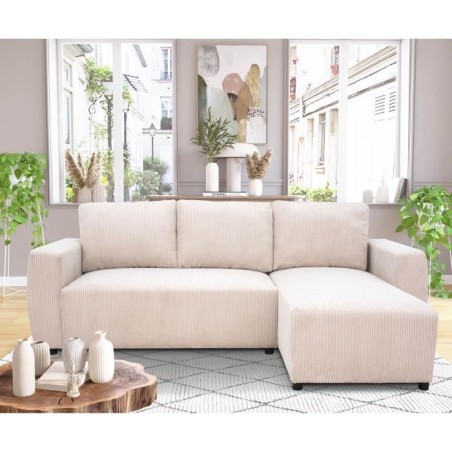 Canapé d'angle convertible réversible 3-4 places PHARELL - Velours côtelé beige - Coffre de rangement - L 230x P 155 x H 95