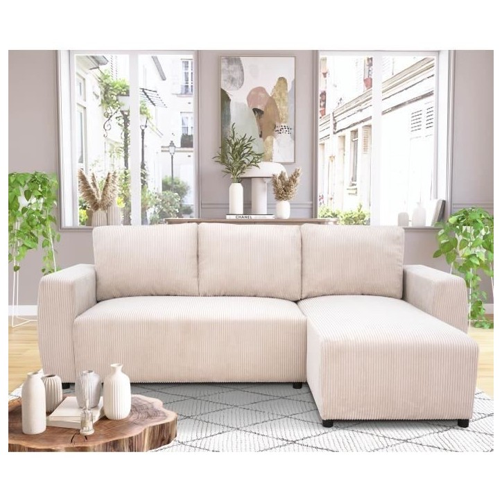 Canapé d'angle convertible réversible 3-4 places PHARELL - Velours côtelé beige - Coffre de rangement - L 230x P 155 x H 95