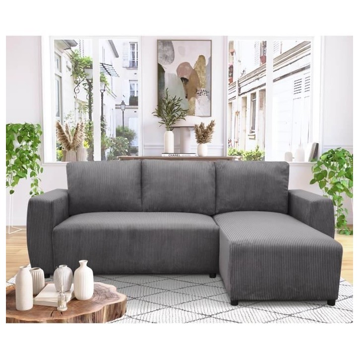 Canapé d'angle convertible réversible 3-4 places PHARELL - velours côtelé Anthracite - Coffre de rangement - L224 x P155 x H Canapé d'angle convertible réversible 3-4 places PHARELL - velours côtelé Anthracite - Coffre de rangement - L224 x P155 x H