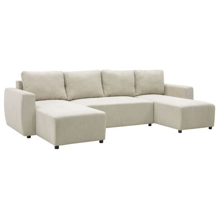 Canapé convertible panoramique PHARELL 7 places - Velours côtelé beige - Coffre de rangement - L297 x P155 x H85