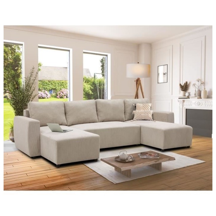 Canapé convertible panoramique PHARELL 7 places - Velours côtelé beige - Coffre de rangement - L297 x P155 x H85