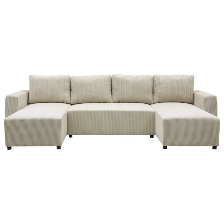 Canapé convertible panoramique PHARELL 7 places - Velours côtelé beige - Coffre de rangement - L297 x P155 x H85