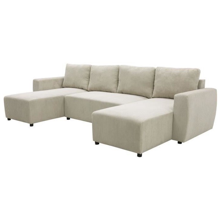 Canapé convertible panoramique PHARELL 7 places - Velours côtelé beige - Coffre de rangement - L297 x P155 x H85