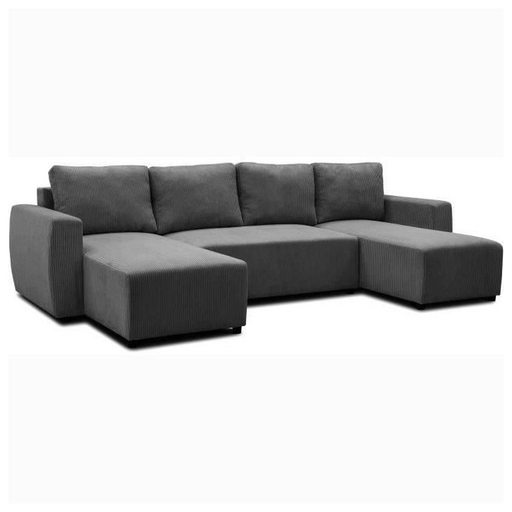 Canapé convertible panoramique PHARELL 5/6 places - Tissu velours côtelé anthracite - Coffre de rangement - L297xP155xH85cm