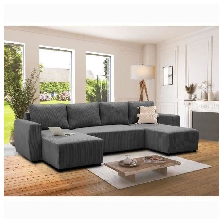 Canapé convertible panoramique PHARELL 5/6 places - Tissu velours côtelé anthracite - Coffre de rangement - L297xP155xH85cm