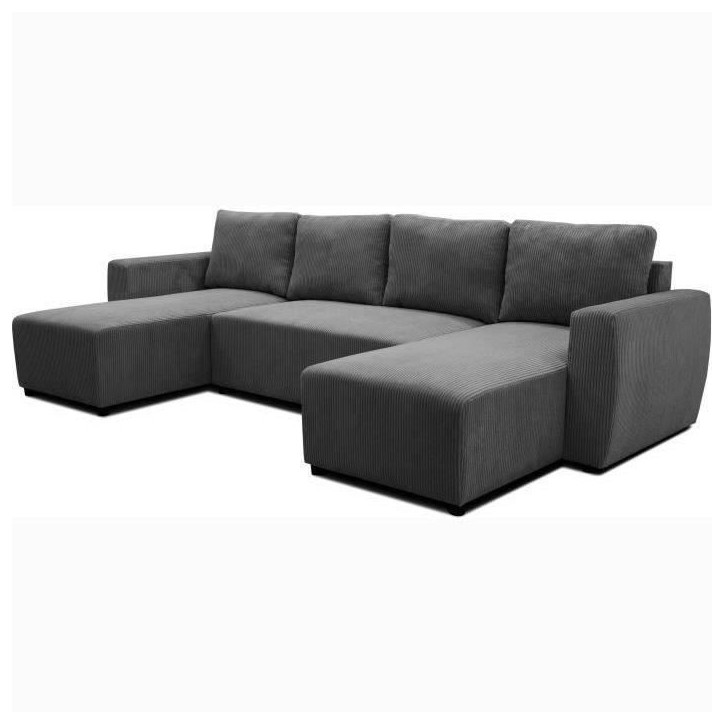 Canapé convertible panoramique PHARELL 5/6 places - Tissu velours côtelé anthracite - Coffre de rangement - L297xP155xH85cm