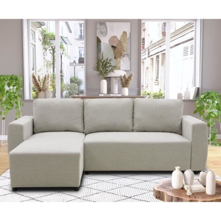 Canapé d'angle convertible réversible 3 a 4 places - PHARELL - Tissu beige - Coffre de rangement - L 224 x P 155 x H 85 cm