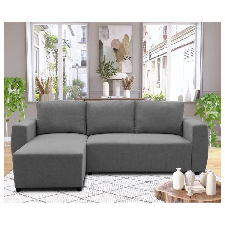 Canapé d'angle convertible réversible 3 a 4 places - PHARELL - Tissu anthracite - Coffre de rangement - L 224 x P 155 x H 85 c