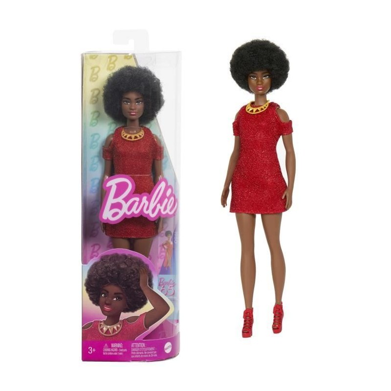 Barbie-Fashionistas 221-Poupée avec cheveux noirs et robe rouge HRH18 Barbie-Fashionistas 221-Poupée avec cheveux noirs et robe rouge HRH18