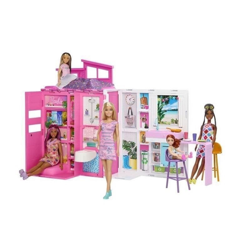 Barbie-Maison de vacances-Coffret et poupée, 4 zones et 11 accessoi Barbie-Maison de vacances-Coffret et poupée, 4 zones et 11 accessoi