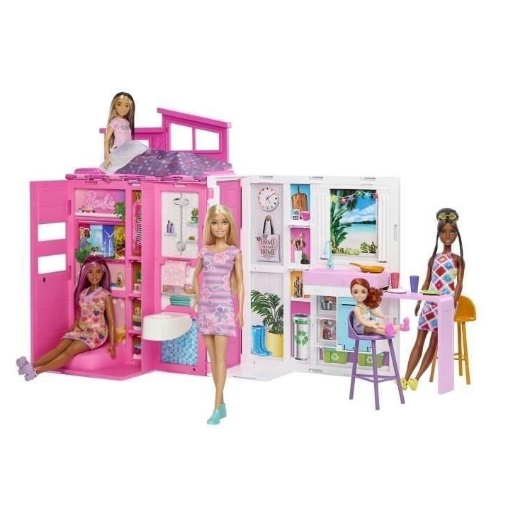 Barbie-Maison de vacances-Coffret et poupée, 4 zones et 11 accessoires HRJ77 Barbie-Maison de vacances-Coffret et poupée, 4 zones et 11 accessoires HRJ77