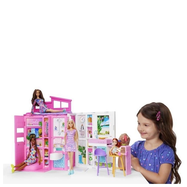 Barbie-Maison de vacances-Coffret et poupée, 4 zones et 11 accessoires HRJ77 Barbie-Maison de vacances-Coffret et poupée, 4 zones et 11 accessoires HRJ77