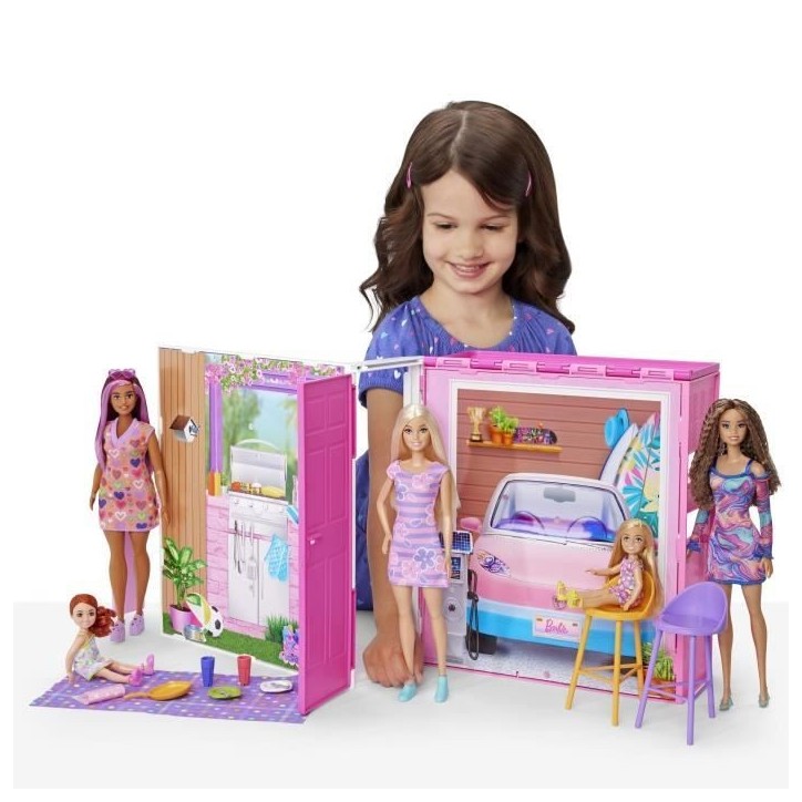 Barbie-Maison de vacances-Coffret et poupée, 4 zones et 11 accessoires HRJ77 Barbie-Maison de vacances-Coffret et poupée, 4 zones et 11 accessoires HRJ77