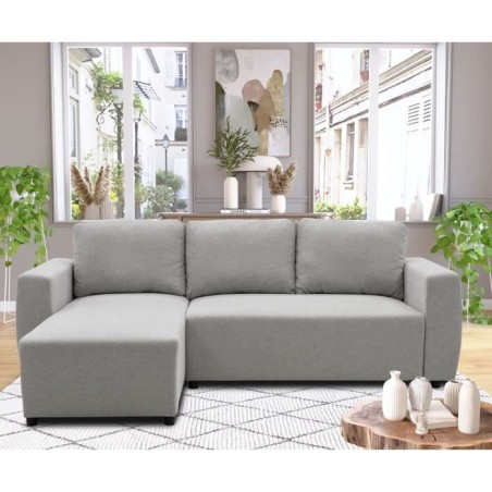 Canapé d'angle convertible réversible 3 a 4 places - PHARELL - Tissu souris - Coffre de rangement - L 224 x P 155 x H 85 cm