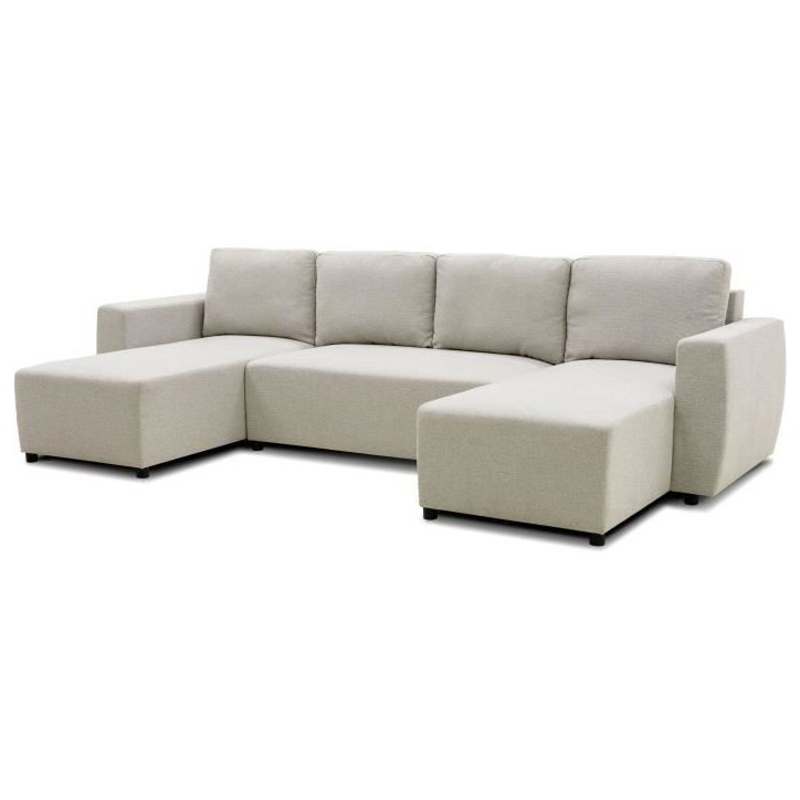 Canapé d'angle convertible panoramique PHARELL 5/6 places - Tissu beige - Coffre de rangement - L297 x P155 x H85 cm