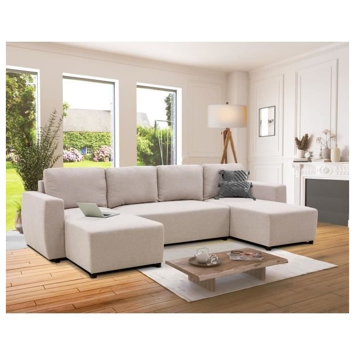 Canapé d'angle convertible panoramique PHARELL 5/6 places - Tissu beige - Coffre de rangement - L297 x P155 x H85 cm