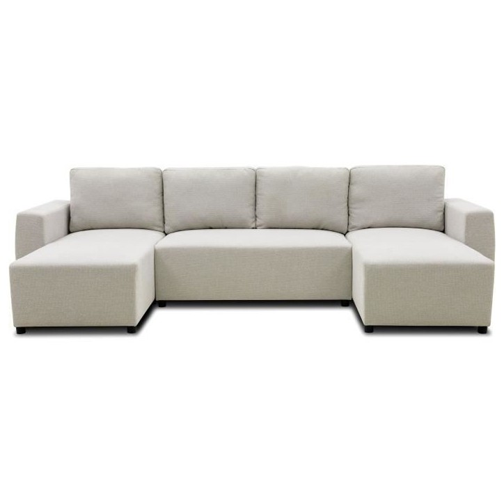 Canapé d'angle convertible panoramique PHARELL 5/6 places - Tissu beige - Coffre de rangement - L297 x P155 x H85 cm