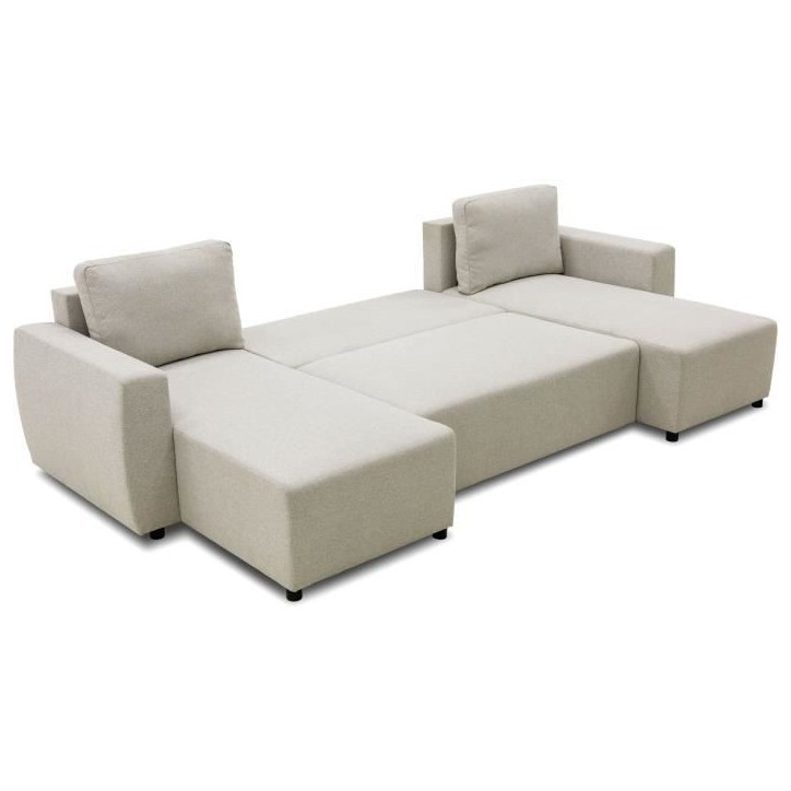 Canapé d'angle convertible panoramique PHARELL 5/6 places - Tissu beige - Coffre de rangement - L297 x P155 x H85 cm